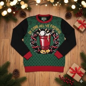 Ugly Christmas Sweater Mens L Beer Pong Wreath "Oh Come All Ye Faithful"